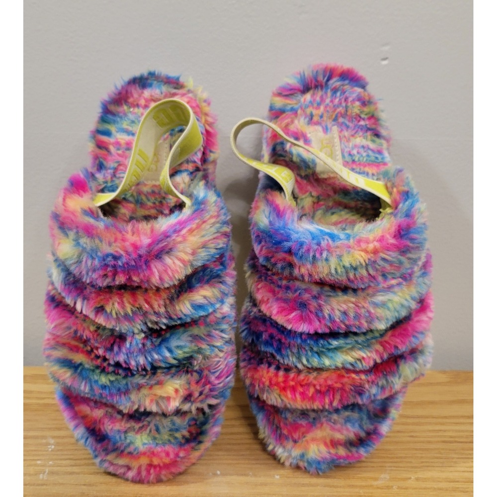 UGG Fluff Yeah Pixelate Rainbow Faux Fur Slingback Slippers 1125007 Womens 7